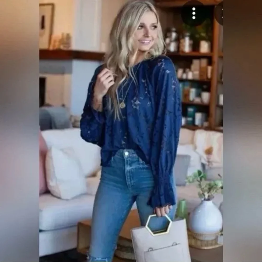 Free People Olivia Floral‎ Lace Top Navy Blue Medium Boho Sheer Peasant Cottage